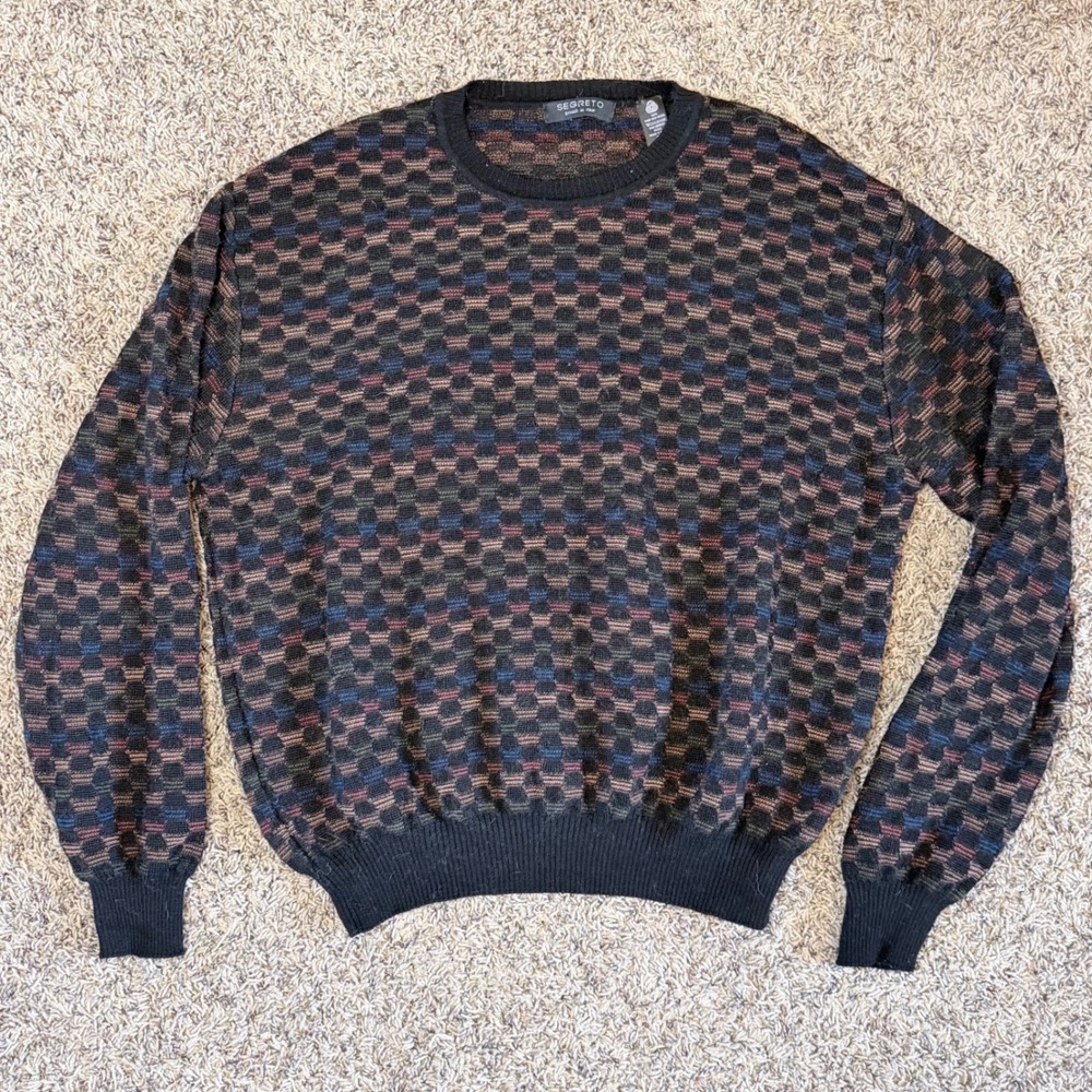 Segreto Mens XL Merino Wool Honeycomb Knit Crewneck Sweater Multicolor Italy